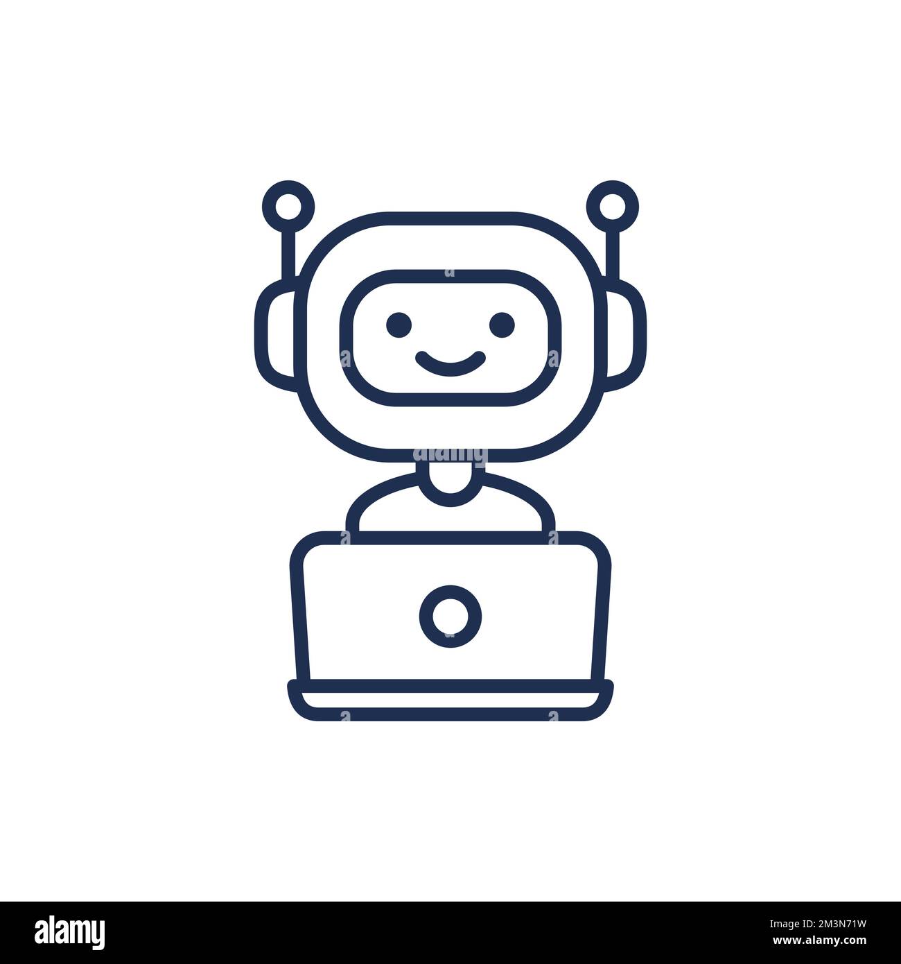 Symbol für Chatbot-Zeile. Vektorsymbol eines niedlichen, lächelnden Roboters, der hinter einem Laptop arbeitet. Modernes lineares Schild isoliert auf weißem Hintergrund Stock Vektor