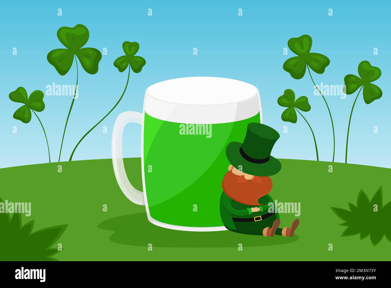 Leprechaun schläft und lehnt sich auf eine Tasse grünes Bier. Vektordarstellung. Stock Vektor