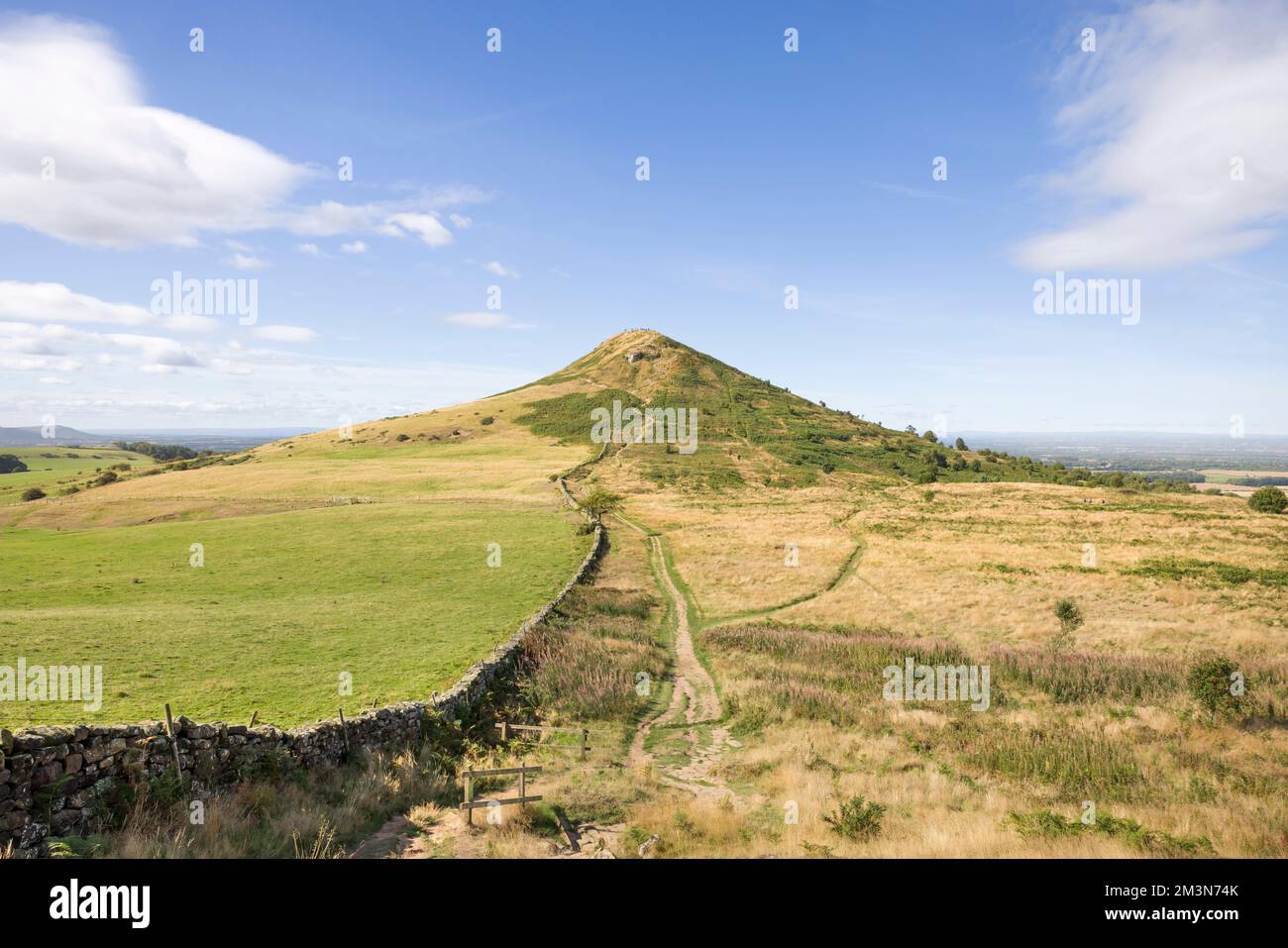 Fußweg zum Roseberry Topping Hill, einem prominenten Wahrzeichen in North Yorkshire Moors, North Yorkshire, England, Großbritannien Stockfoto