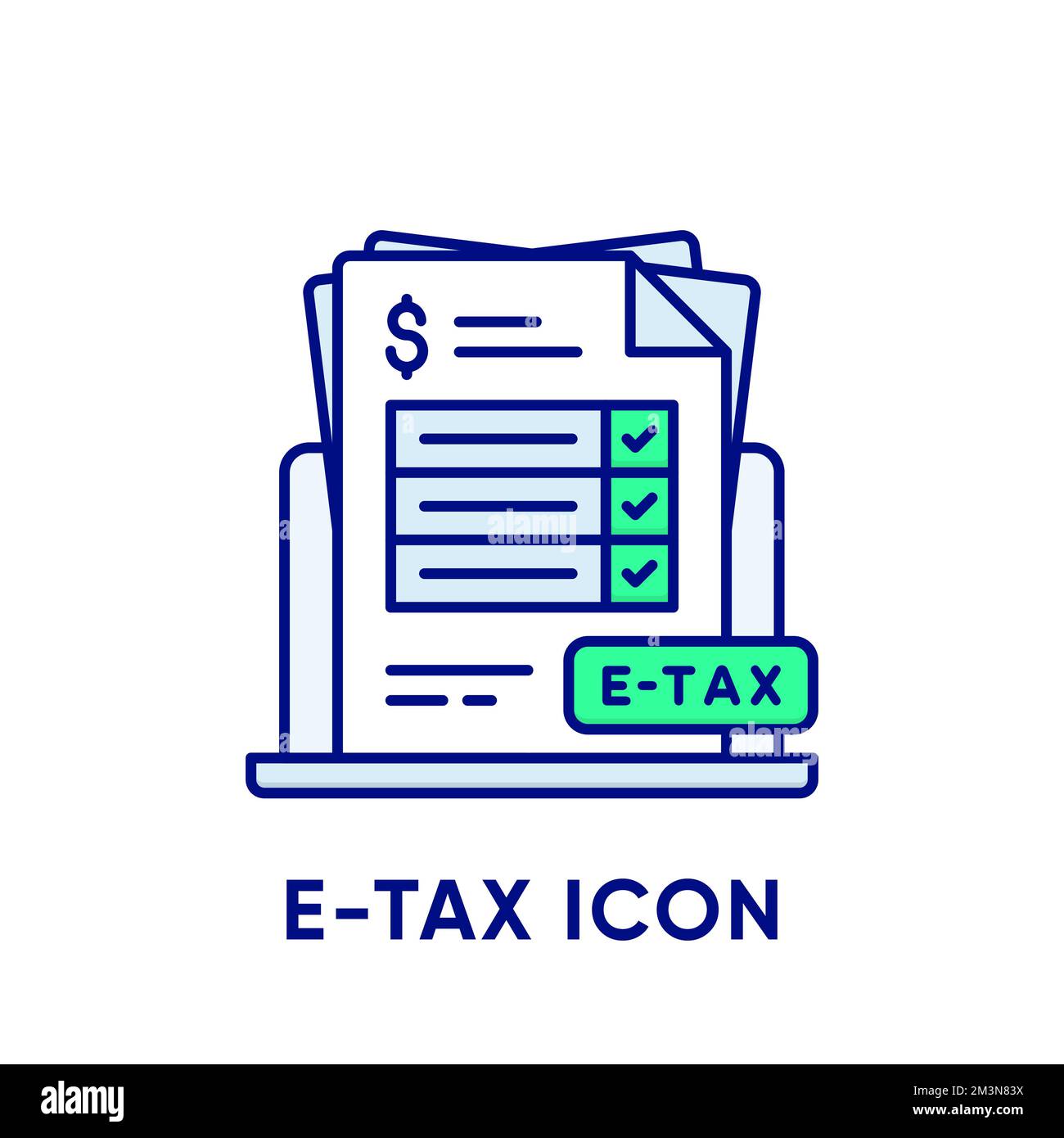 E-Tax-Symbol. Konzept des Symbols "Elektronische Steuererklärung". Stapel Papierdokumente mit aktivierten Kontrollkästchen und Steuerzeichen auf dem Laptop. Zahlung und Rechnungsstellung Stock Vektor