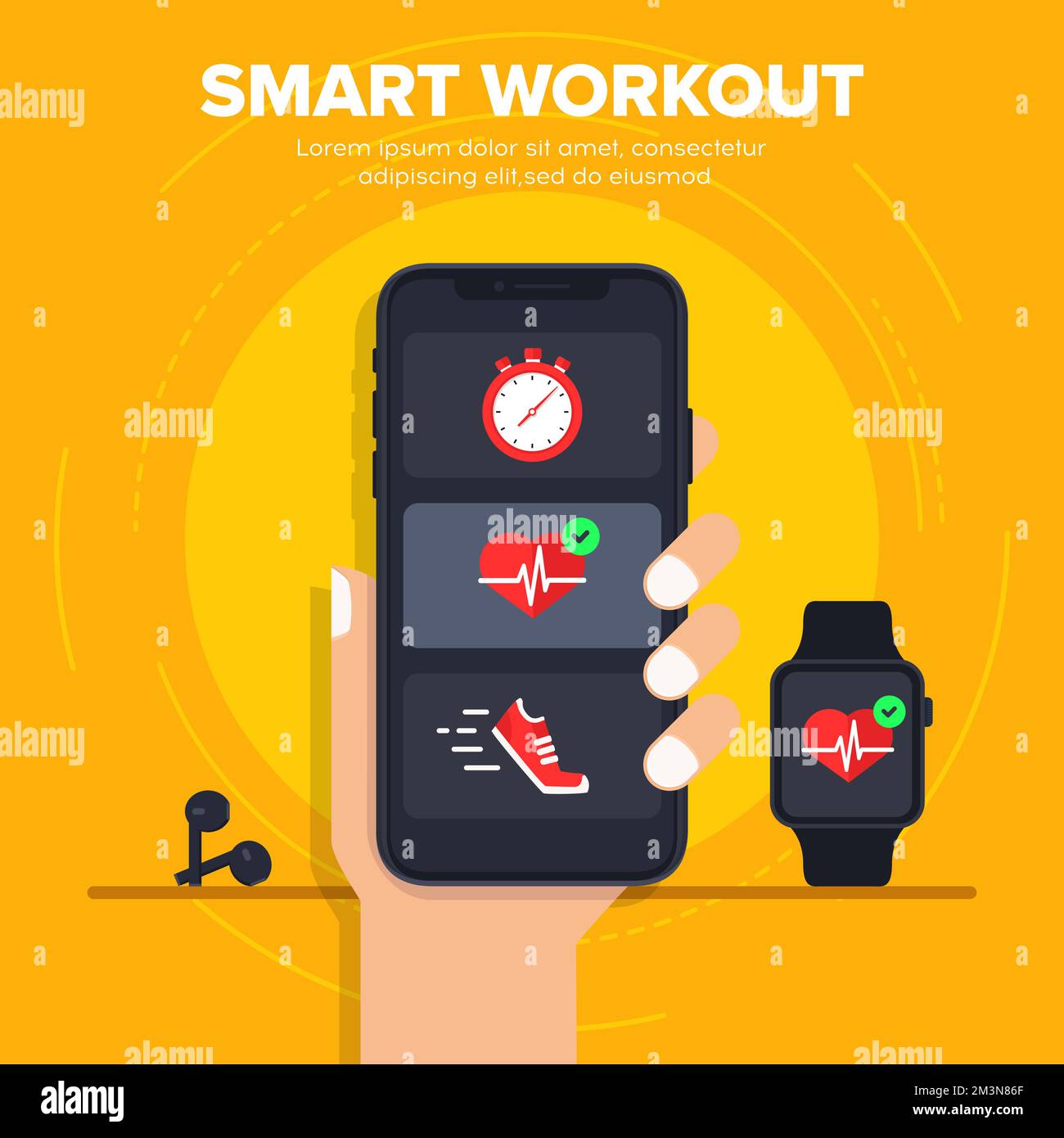 Smart Workout Vector Illustrationskonzept. Smartphone-Synchronisierung mit einer Smartwatch. Intelligenter Fortschritt beim Fitnesstraining auf dem Smartphone Stock Vektor