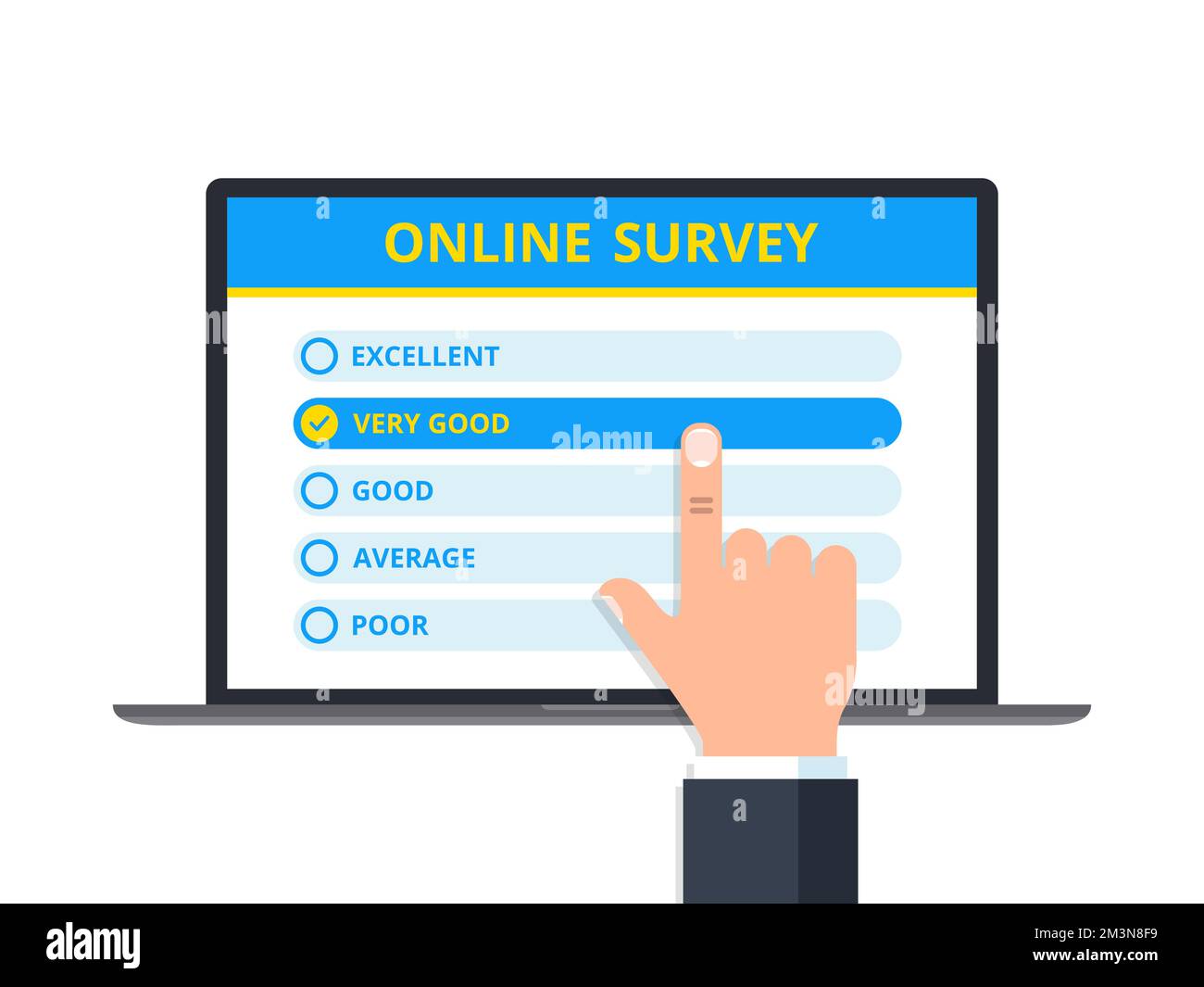 Online-Umfrageformular auf Laptop-Bildschirm mit Zeigefinger. Positives Feedback-Konzept für den Kundenservice. Geschäftsleute geben sehr gute Bewertungen ab. Vektor Stock Vektor