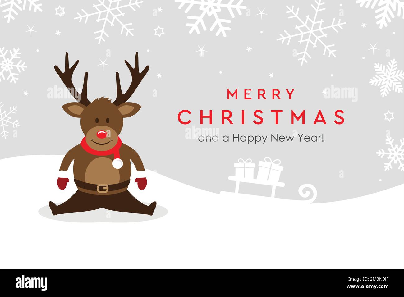 weihnachtsgrußkarte mit niedlichem Hirsch auf verschneitem Hintergrund Stock Vektor