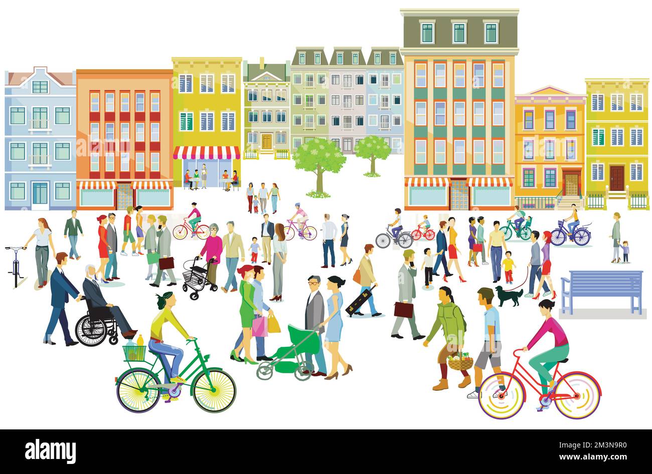 City Silhouette mit Menschen in der Freizeit in Wohnviertel, Illustration Stock Vektor