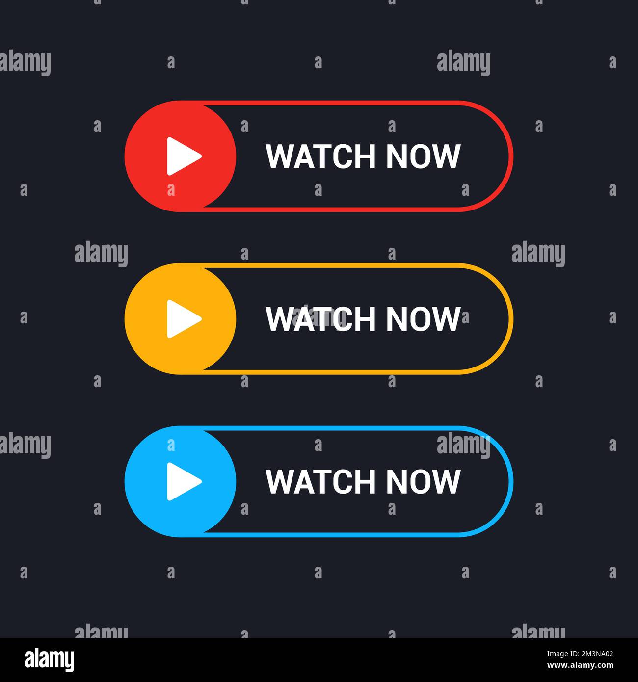 Sehen Sie sich jetzt die Vektorschaltflächen mit flacher Linie an. Symbolsatz für die Videowiedergabe in verschiedenen Farben, isoliert auf schwarzem Hintergrund. Sammlung „Vektorschaltflächen“ Stock Vektor
