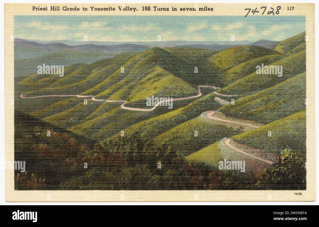 Priest Hill Grade nach Yosemite Valley. 166 Kurven in 7 Meilen, Täler, Straßen, Tichnor Brothers Collection, Postkarten der Vereinigten Staaten Stockfoto