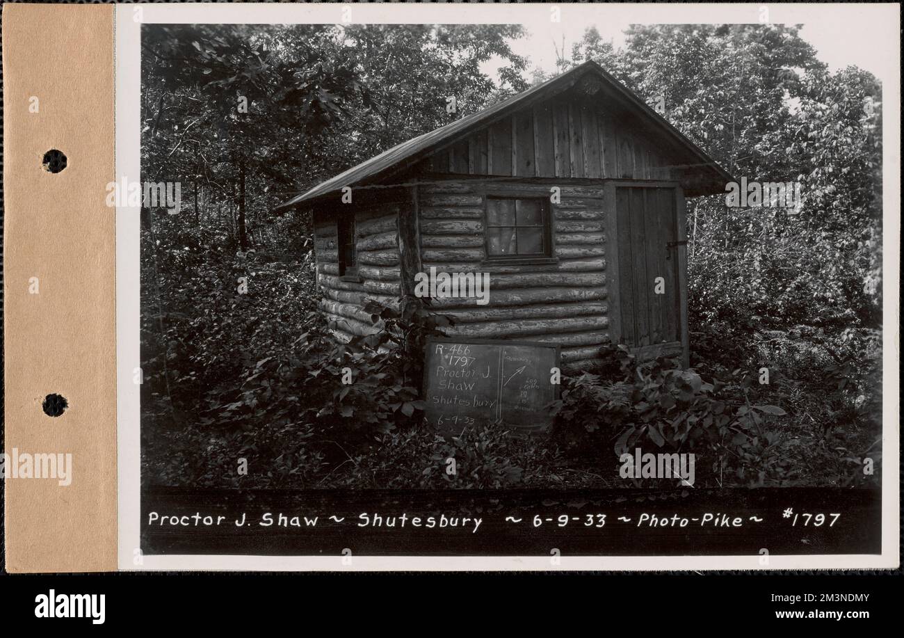 Proctor J. Shaw, Hütte, Shutesbury, Mass., Juni 9, 1933 : Parzelle Nr. 466-6, Proctor J. Shaw, Wasserwerke, Reservoirs, Wasserverteilungsstrukturen, Immobilien, Wohngebäude, Blockhütten Stockfoto