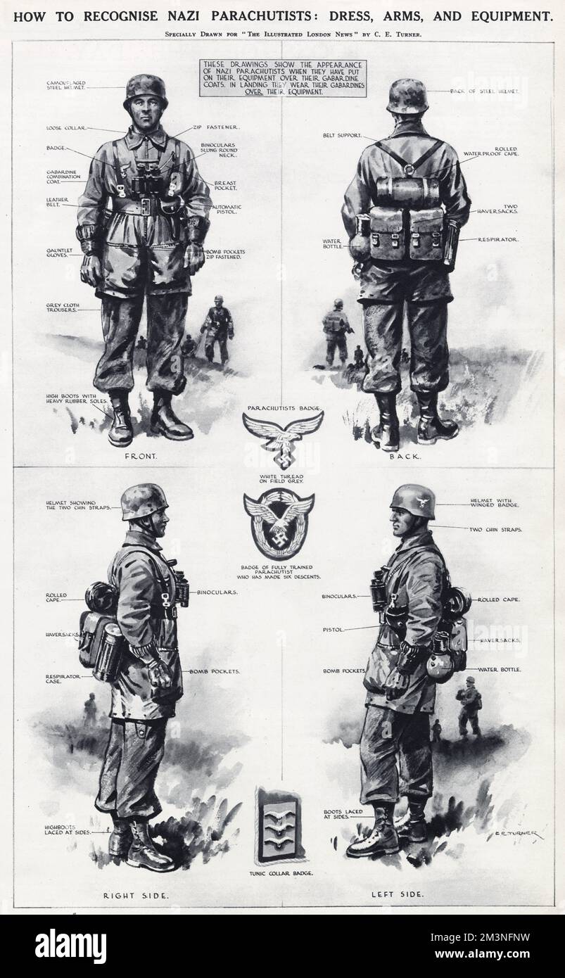 Zeichnungen mit Vorder-, Rück- und Seitenansichten der Uniformen, die von deutschen Fallschirmjägern getragen werden. Juni 1940 Stockfoto
