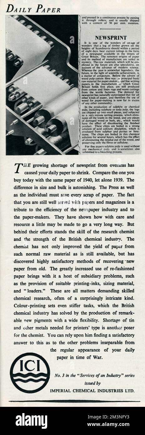 Im Zweiten Weltkrieg ging die Größe der Tageszeitungen aufgrund des wachsenden Papiermangels aus Übersee zurück. Die britische Öffentlichkeit wurde ermutigt, jedes Stück Papier zu retten. Die britische Chemieindustrie suchte nach Methoden zur Rückgewinnung von Altpapier. Datum: 1942 Stockfoto