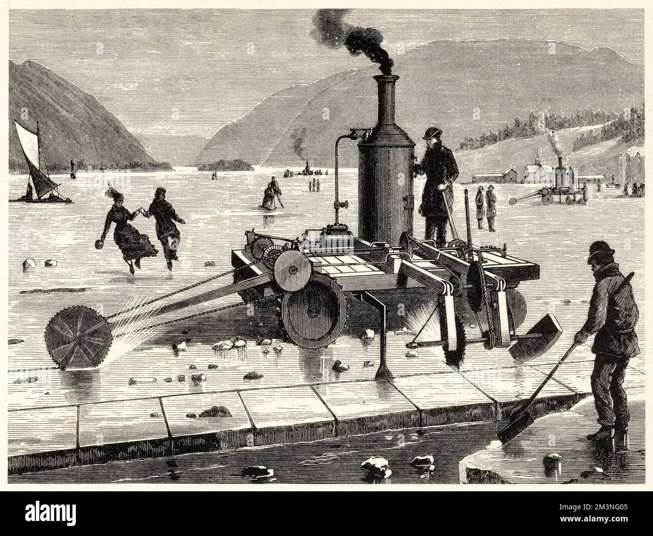 Eine dampfbetriebene Eisschneidemaschine aus dem späten 19.. Jahrhundert, die auf der gefrorenen Exoanse des St. Lawrence River in Kanada betrieben wird. Vielleicht eine der riskanteren Unternehmungen der Geschichte für einen Apparat dieser scheinbaren Masse... Datum: Ende des 19.. Jahrhunderts Stockfoto