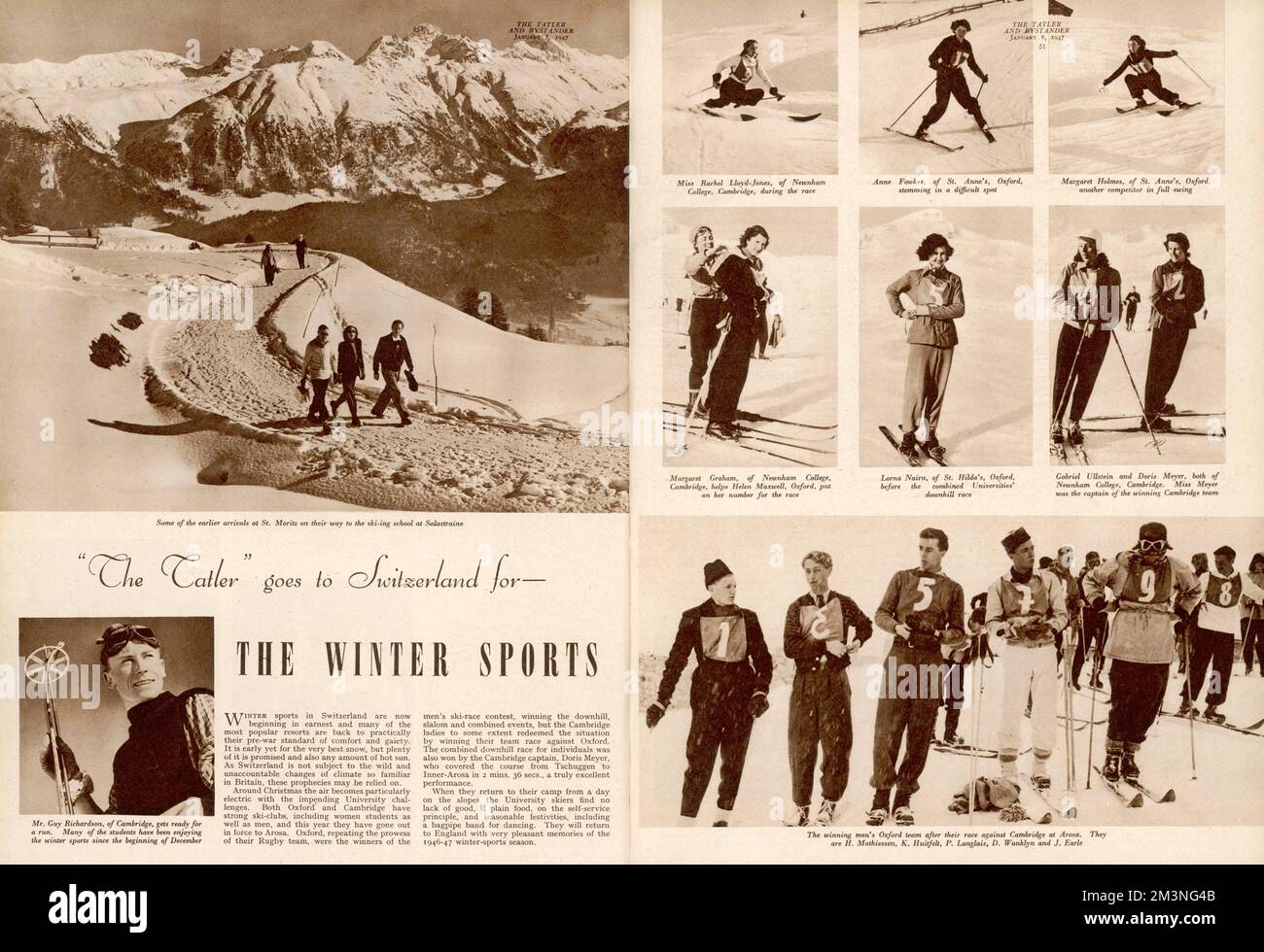 Ein doppelseitiger Bericht über die Wintersportsaison in der Schweiz. Stockfoto
