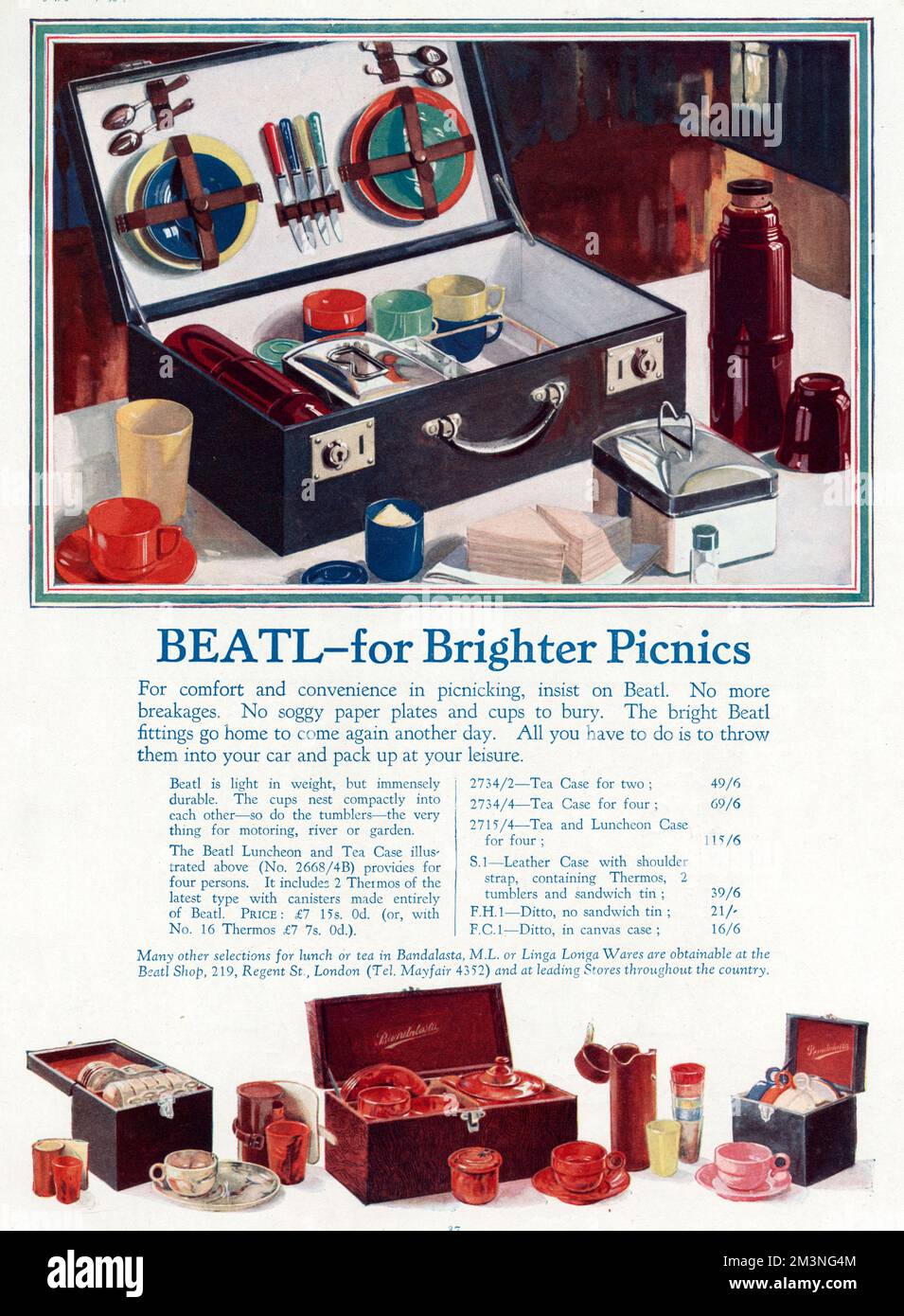 Keine Brüche, keine feuchten Pappteller und Becher mehr. Heller und farbenfroher „Beatl“ Picknickkorb. Datum: 1930 Stockfoto