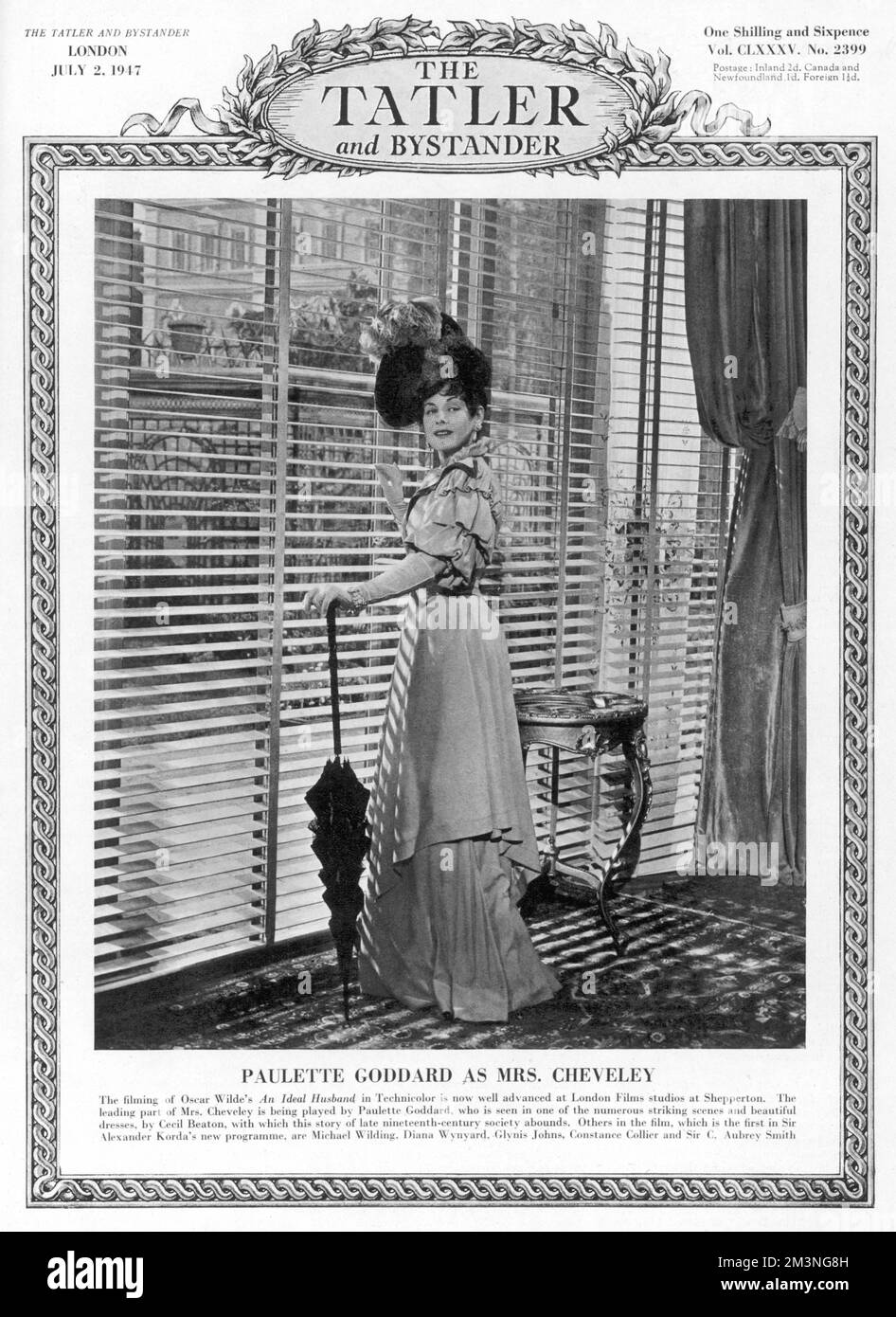 Paulette Goddard, die amerikanische Filmschauspielerin in der Rolle von Mrs. Cheveley, während der Dreharbeiten von Oscar Wildes "idealem Ehemann" in den London Film Studios in Shepperton. Das Kleid, das sie trägt, ist ein Design von Cecil Beaton. 1947 Stockfoto
