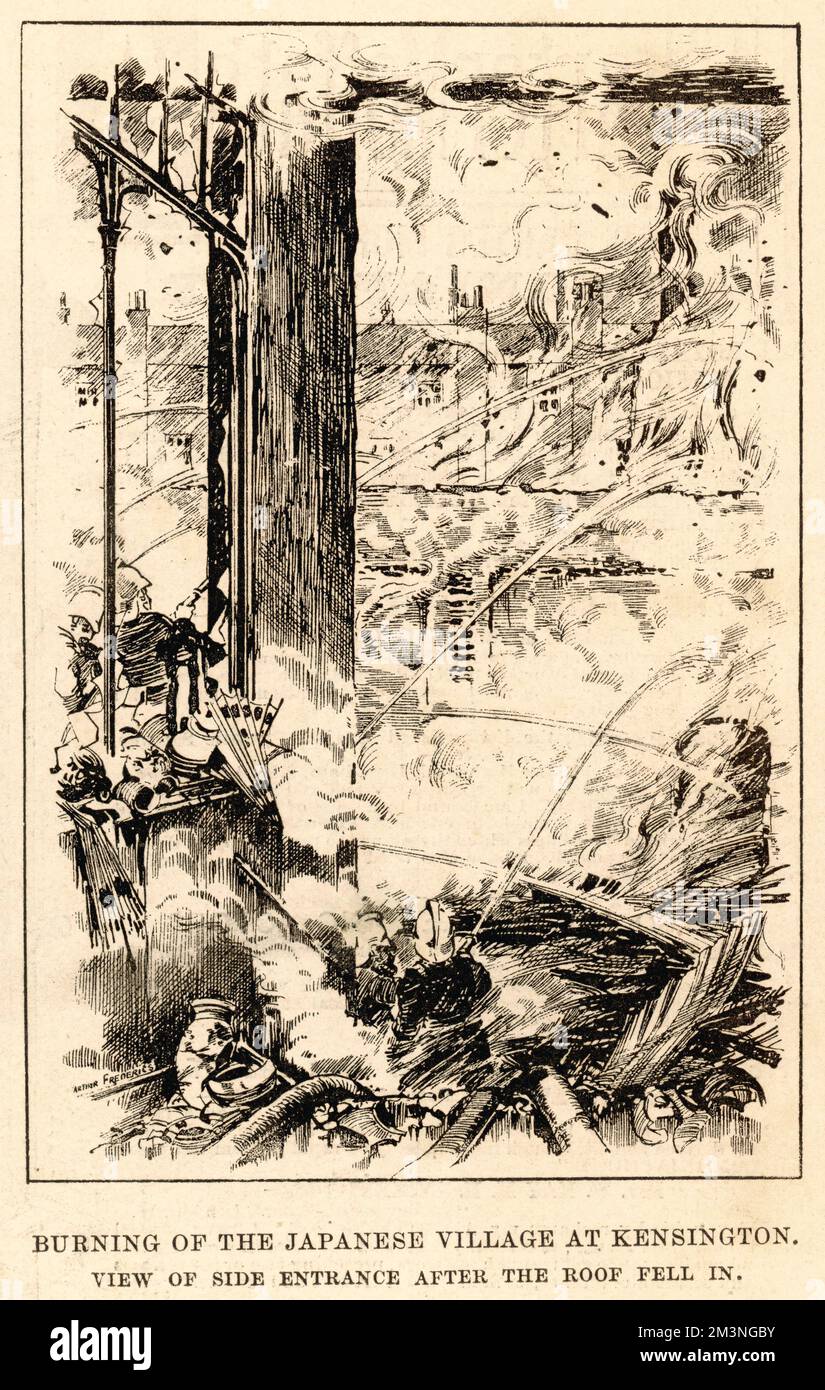 Das Abbrennen des japanischen Dorfes in Kensington, London, mit Blick auf den Seiteneingang, nachdem das Dach eingefallen war. Datum: 1885 Stockfoto