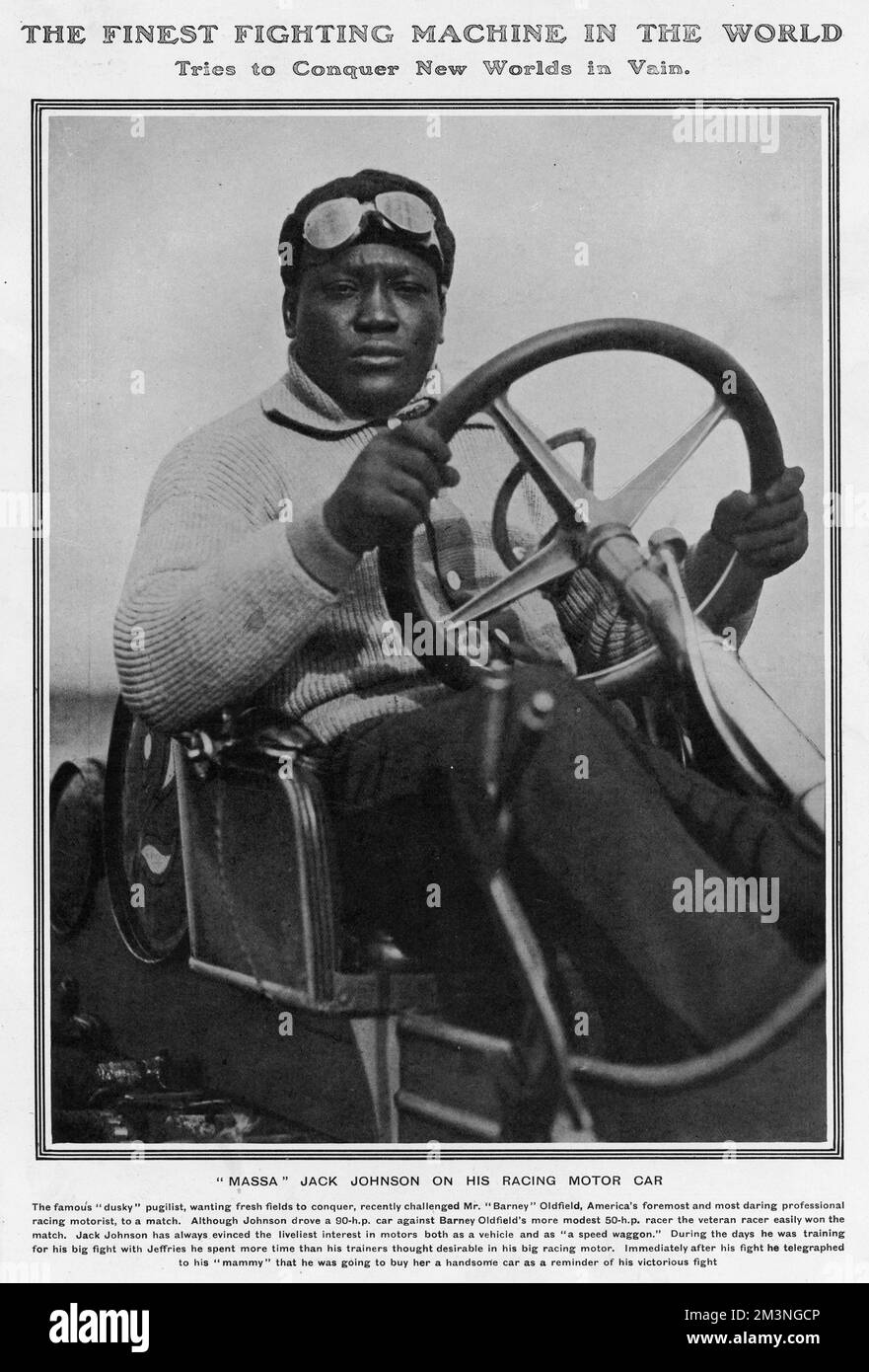 JACK JOHNSON IN SEINEM RENNAUTO Stockfoto