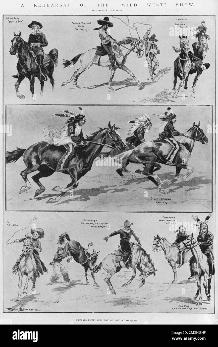 Eine Reihe von Skizzen von Ralph Cleaver über die Proben für Colonel Codys Show „Wild West“ in Olympia, darunter Rennpferde der Sioux, Kuhmädchen und Cowboys, mexikanische vaqueros mit Lassos und eine Ausstellung über kosakenreiten. Datum: 1902 Stockfoto