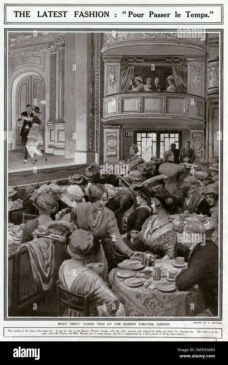 Die neueste Mode: "Pour Passer le Temps". Tangotees im Queen's Theatre in London (an der Shaftesbury Avenue), wo die Verkaufsstände entfernt und durch Tische und Stühle für den Nachmittagstee ersetzt wurden. Die Band ist auf der Bühne, auf der Tangotänze stattfinden. Datum: 1913 Stockfoto