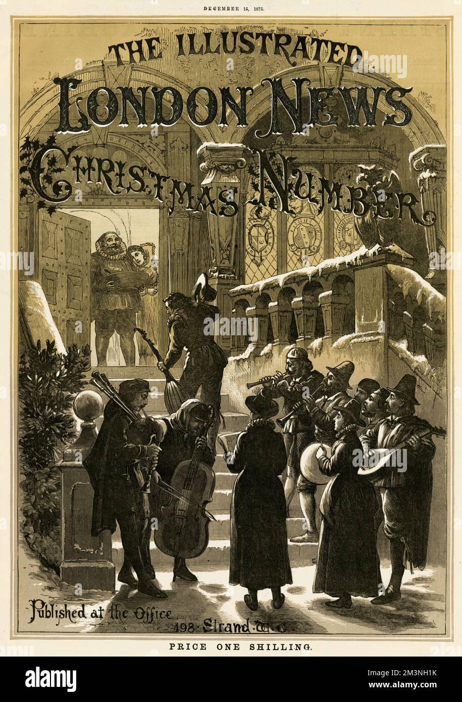 Nachtrag zum Weihnachtseinband für die illustrierten London News, 1875. Eine Gruppe von Musikern wird an der Tür mit einer großen Schüssel Wassail begrüßt. Datum: 1875 Stockfoto