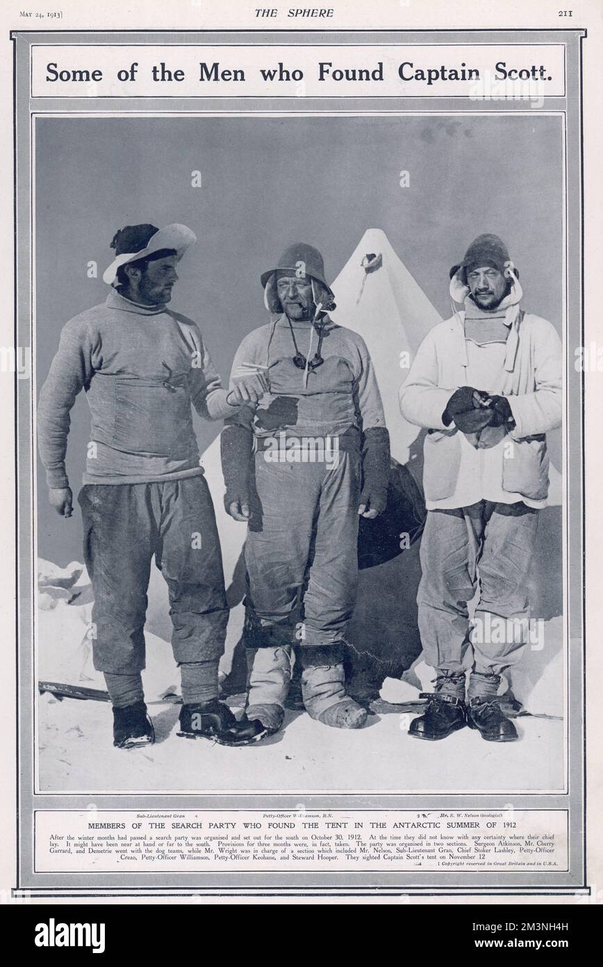Von links: Unterleutnant Gran, Petty-Officer Williamson und Mr E.W. Nelson (Biologe), Mitglieder der Hilfstruppe, die die Leichen von Captain Scott und seinen Gefährten im Antarktischen Sommer 1912 entdeckte. Sie haben Captain Scotts Zelt am 12.. November 1912 gesichtet, mehr als sieben Monate nach dem tragischen Tod des Teams bei ihrer Rückkehr vom Südpol. Die Männer sind leichter bekleidet, als man erwarten könnte, da der Antarktis-November einem europäischen Juni gleichkommt, und so tragen sie Skistiefel ohne Fellbezug, während Williamson in seinen Fell-Bettsocken steht. Oma macht das Stockfoto