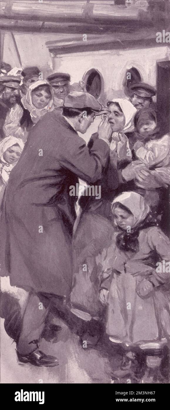 Ein Arzt bei der Arbeit, der bei der Ankunft von Immigranten in Gravesend 1911 auf infektiöse Augenkrankheiten untersucht Stockfoto