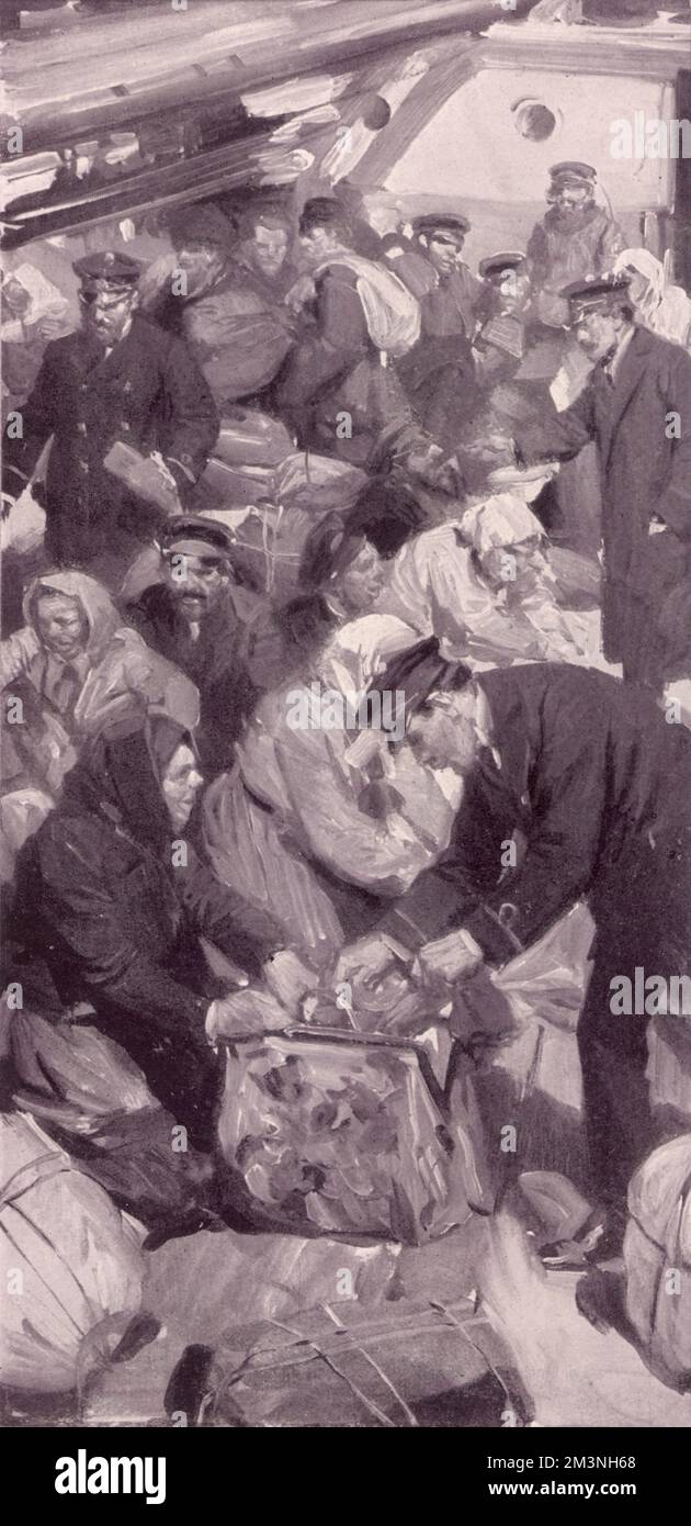 Bei der Ankunft in Gravesend wird das Gepäck von Einwanderern auf Schmuggelware und andere interessante Dinge aufgegeben Datum: 1911 Stockfoto