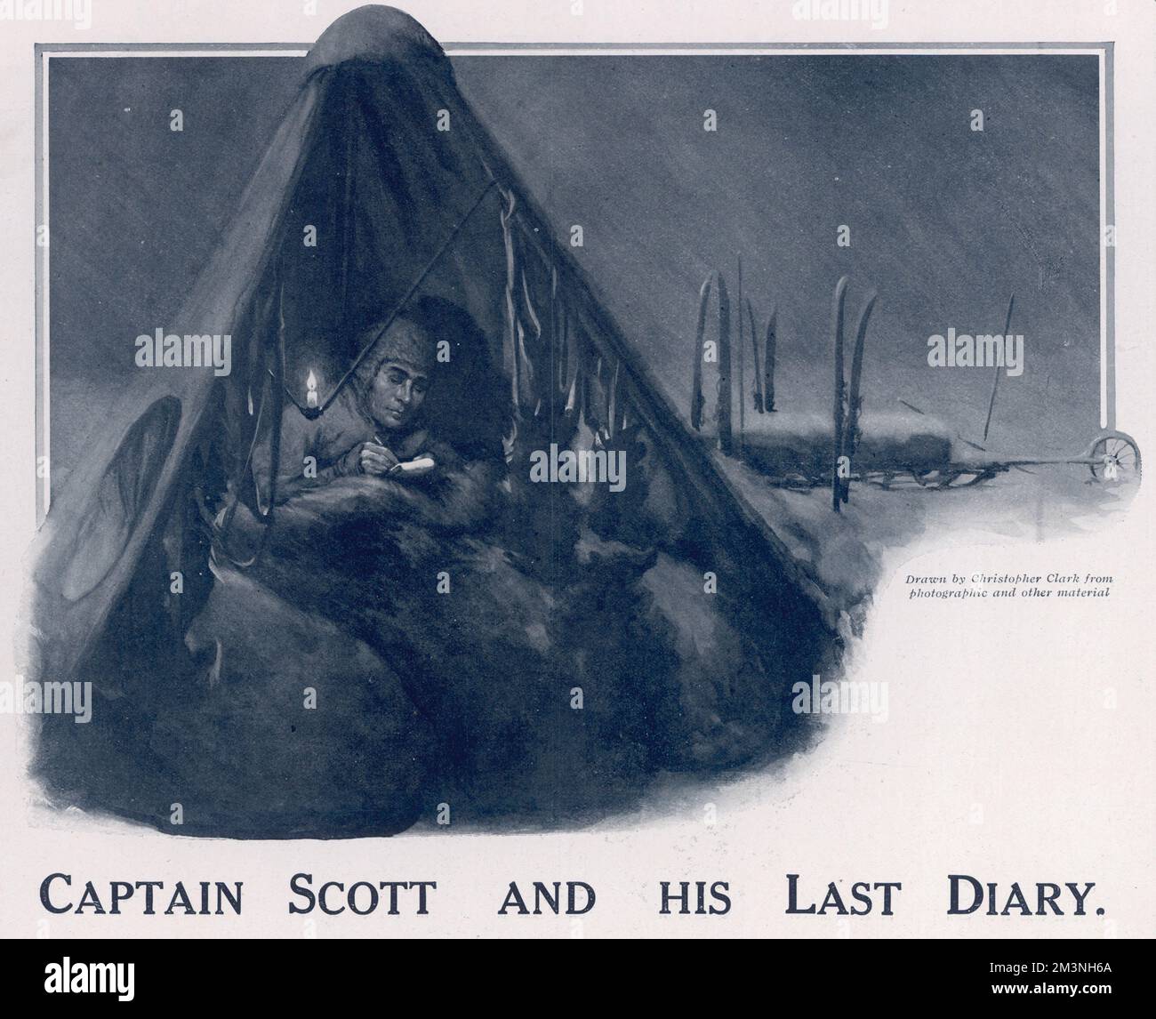 Künstlereindruck von Captain Scott, der während seiner Expedition zum Südpol, bei der er und seine vier Gefährten ums Leben kamen, in sein Tagebuch in seinem Zelt schreibt. Er sitzt in einem Schlafsack und schreibt im Licht einer Kerze, während die schneebedeckten Schlitten des Teams draußen zu sehen sind. Datum: 1913 Stockfoto