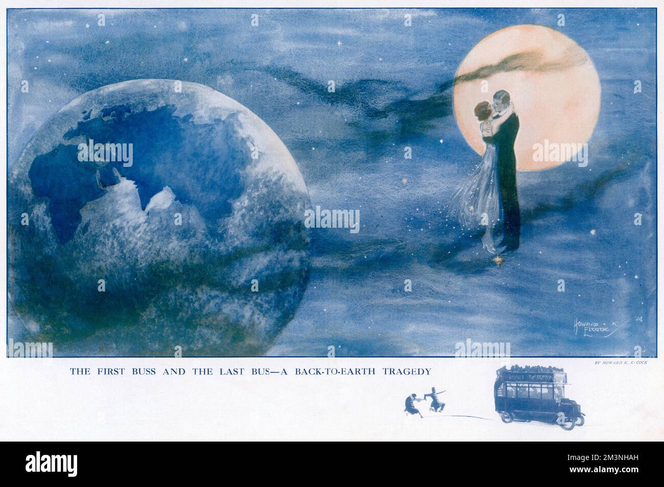 "Der erste Bus und der letzte Bus - eine Tragödie auf Erden". Ein paar Küsse im Mondlicht, die von der Erde in einem Nebel der Romantik weggeschwemmt sind. 1924 Stockfoto