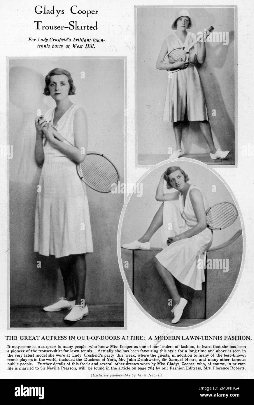 Britische Schauspielerin Gladys Cooper (1888 - 1971), die einen Hosenrock, Hosenrock oder Hosenrock für Tennis vorführt. Der Look wurde auch 1931 vom spanischen Tennisspieler Lili de Alvarez entwickelt. Datum: 1931 Stockfoto