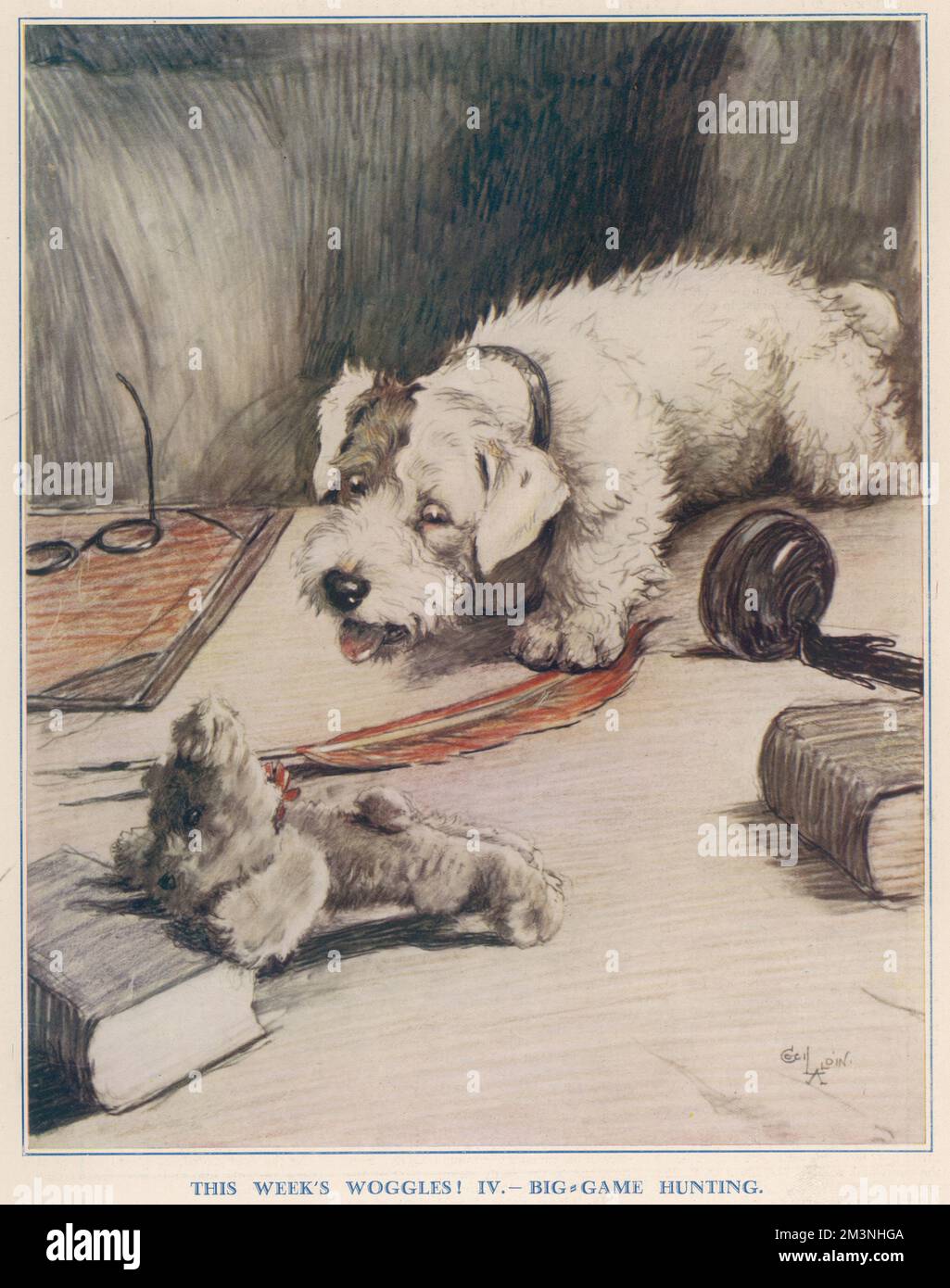 Woggles, der Sealyham Terrier, der dem Tierkünstler Cecil Aldin gehört, stellte sich hier ein unschuldiges, weiches Spielzeug vor. Datum: 1931 Stockfoto