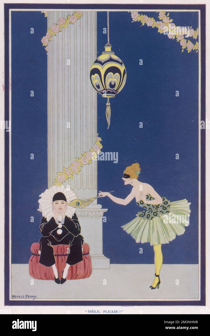 Columbine kitzelt einen düsteren Pierrot mit einer Pfauenfeder und bittet ihn, „Lächeln, bitte!“ zu sagen. Datum: 1921 Stockfoto