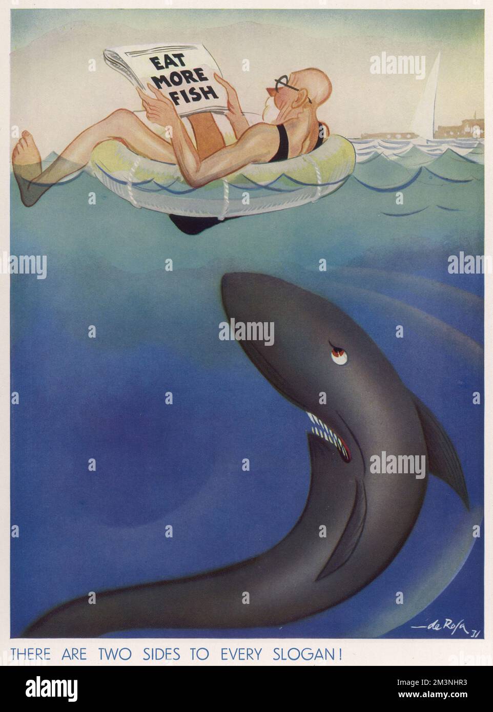 Eine humorvolle Illustration, die einen Gentleman zeigt, der sich entspannt, während er mit einem Gummiring im Meer herumtreibt, in seiner Zeitung liest, dass er mehr Fisch isst, völlig unwissend, dass ein riesiger Hai in der Nähe schwimmt und über ein Mittagessen nachdenkt. Datum: 1933 Stockfoto