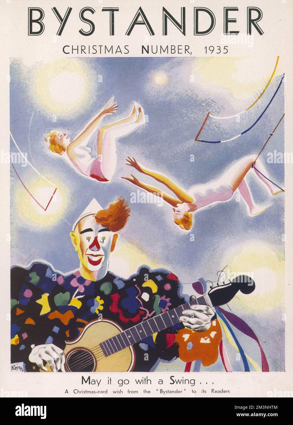 Eine Weihnachtskarte auf dem Deckblatt des Zuschauers mit einer Illustration einer Zirkusszene mit einer Gitarre, die im Vordergrund Clown spielt, und weiblichen Akrobaten, die vom Trapez oben schwingen. Datum: 1935 Stockfoto