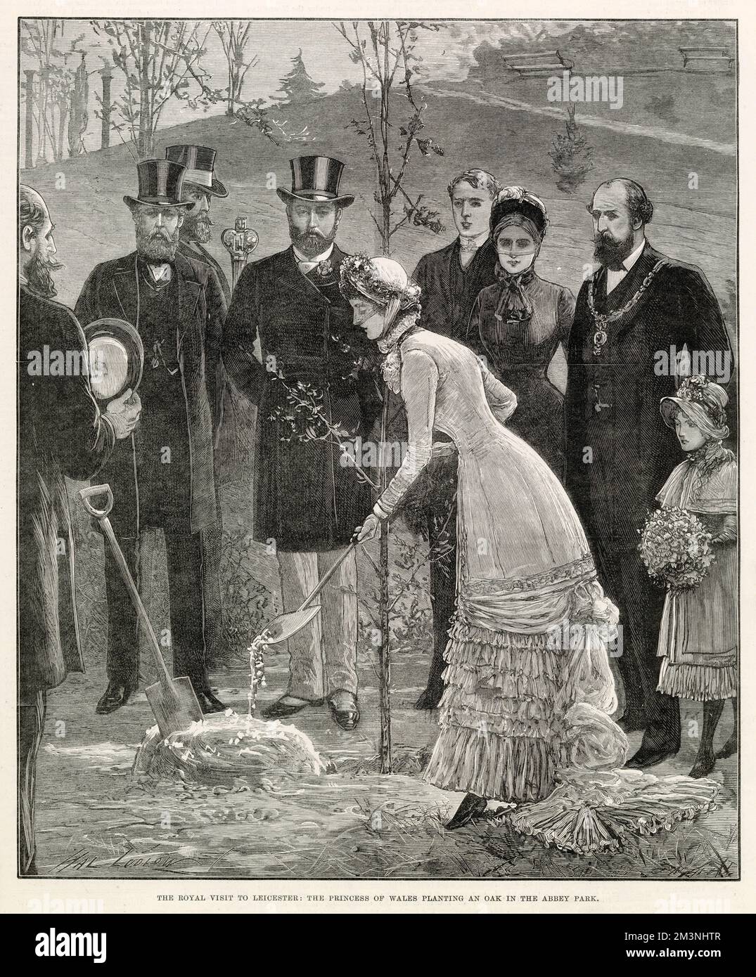 Prinz und Prinzessin von Wales (später Edward VII und Alexandra von Dänemark), die am Pfingstmontag den neuen Abbey Park mit einer jungen Eiche eröffneten. Datum: Juni 1882 Stockfoto