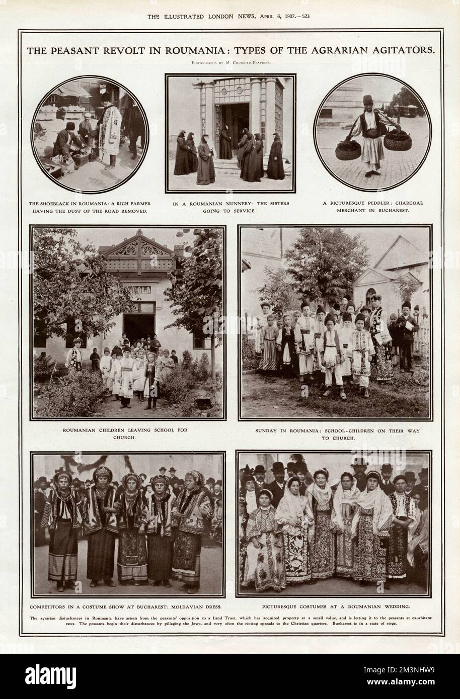 Weitere Arten von agrarischen Agitatoren des rumänischen Bauernaufstandes in den illustrierten London News. Die Fotografien zeigen die Art rumänischer Menschen, die angeblich in die Revolte verwickelt waren, die im März 1907 begann und nach der Einberufung der Armee zur Wiederherstellung der Ordnung zum Tod vieler Tausender führte. Im Preis inbegriffen sind ein Schuhkragen, der den Staub der Straße von den Stiefeln eines reichen Bauern entfernt; ein rumänisches Nonnenkloster; ein Holzkohlehändler; Kinder, die die Schule verlassen und auf dem Weg zur Kirche sind; moldauisches Kleid; Kostüme bei einer Hochzeit. Datum: 1907 Stockfoto