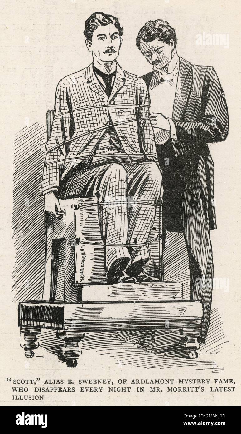 "Scott", alias E. Sweeney, aus Ardlamont Mystery Ruhm, der jede Nacht in Mr. Morritts letzter Illusion verschwindet. Edward Scott, echter Name Sweeney, war eine von drei Personen, die im August 1893 auf dem Ardlamont-Anwesen in der Argyll-Landschaft drehten, die anderen beiden waren ein junger Aristokrat Cecil Hambrough und sein Nachhilfelehrer Alfred John Monson. Immobilienarbeiter hörten einen Schuss und sahen Scott und Monson zum Ardlamont House Rennen. Sie behaupteten, Hambrough hätte sich aus Versehen in den Kopf geschossen. Obwohl Monson wegen mutmaßlichen Mordes an Hambrough angeklagt wurde, wobei Scott als sein Komplize benannt wurde, t Stockfoto