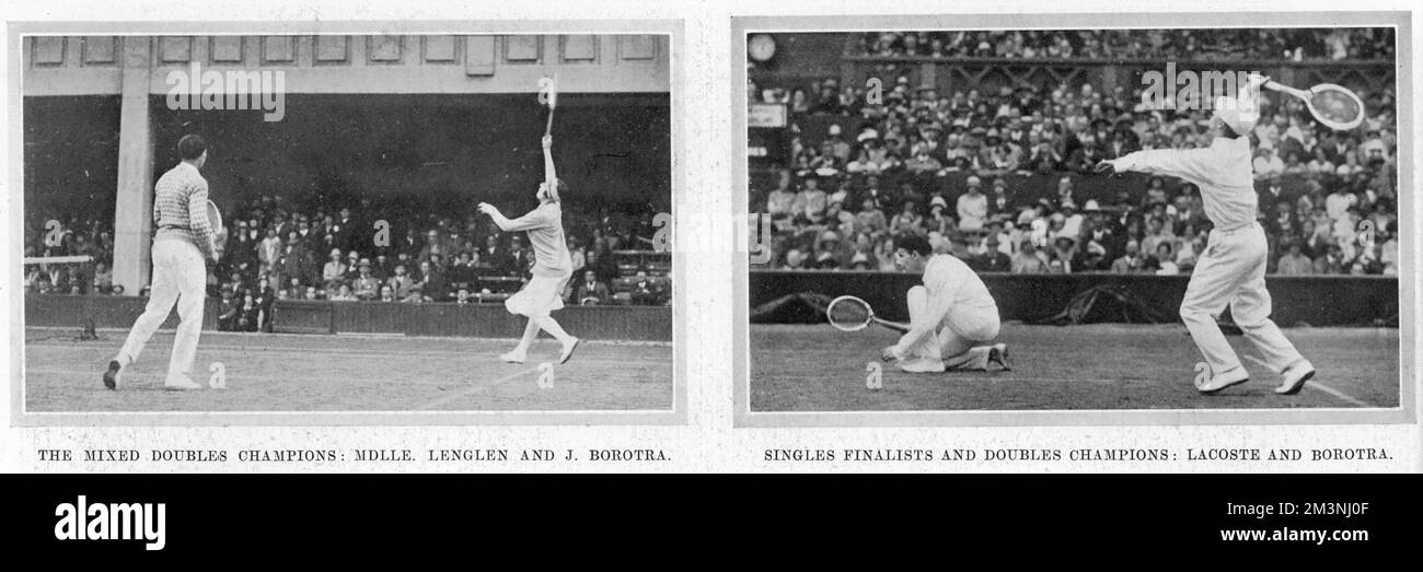 Zwei Bilder zeigen französische Paare, die 1925 in Wimbledon Doppel spielten. Auf der linken Seite befindet sich ein artorielles Duo: Suzanne Lenglen in ihrem Bandeau streckt sich nach einem Hit, während ihr Partner Jean Borotra, der „Bounding Basque“, einen Pullover und seine Baskenmütze trägt. Borotra ist wieder in Aktion, auf dem Bild der rechten Hand, und hockt, während sein Partner Rene Lacoste den Ball bedient. Datum: 1925 Stockfoto