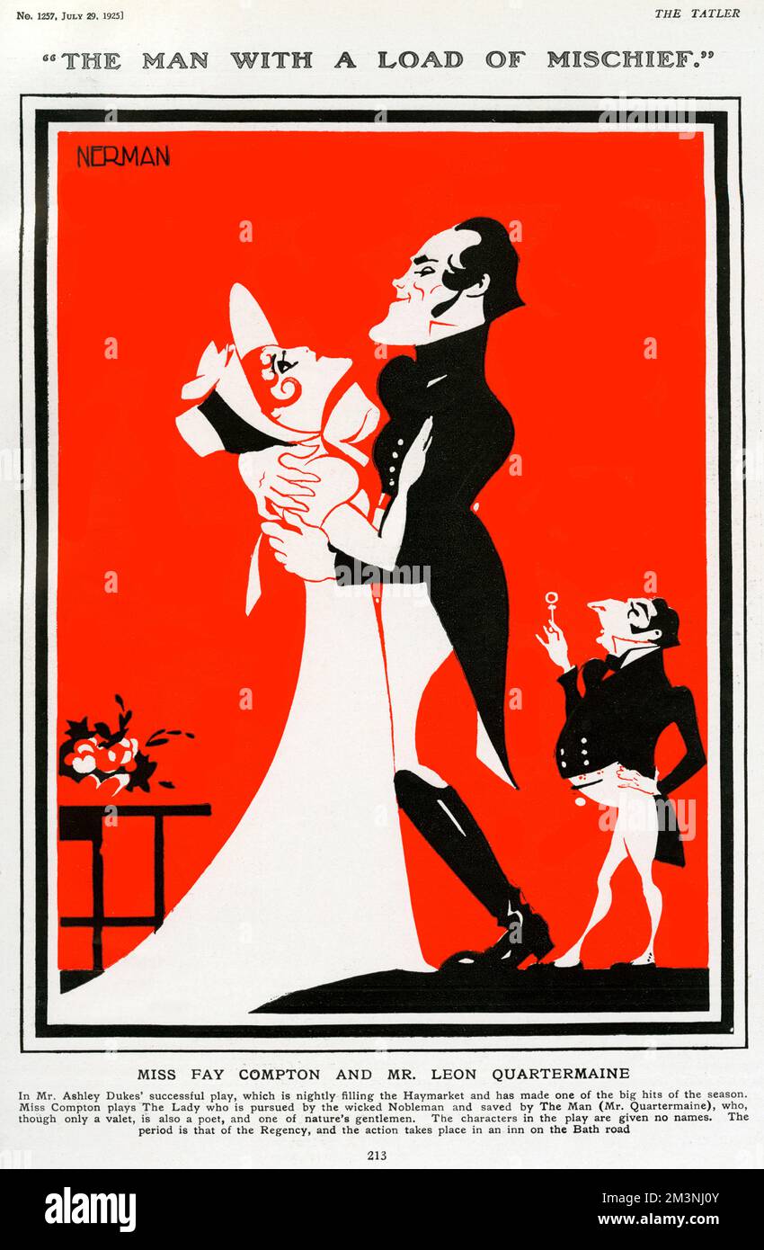 Fay Compton und Leon Quartermaine, in „The man with a Load of Unfug“ von Ashley Duke, und einer der Hits der Saison, die im Haymarket, London, gespielt wurden. Datum: 1925 Stockfoto