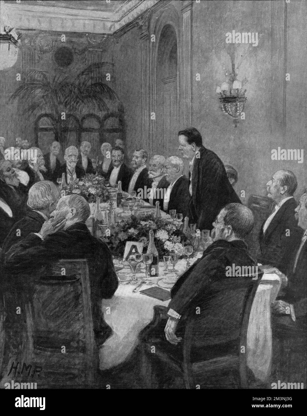 Ein wissenschaftliches Dinner-Symposium im Savoy Hotel in London im Jahr 1910. Das Bild zeigt den Herausgeber der Enzyklopädie Britannica Sir E. Ray Lankester auf seinen Füßen mit Sir William Crookes, Sir James Crichton-Brown, Sir Lauder Brunton und dem Earl of Cromer. Datum: Dezember 3. 1910 Stockfoto
