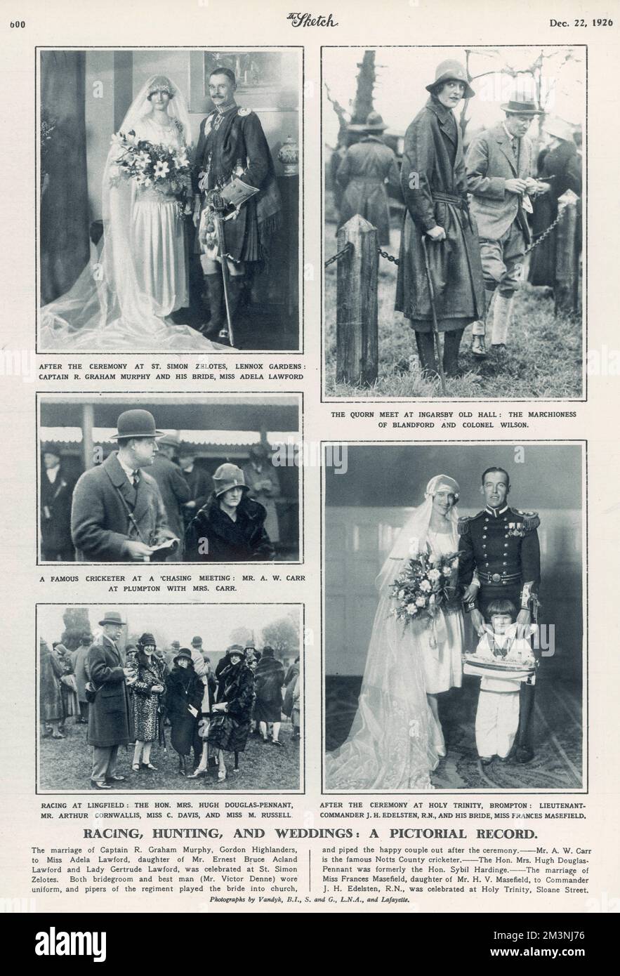 Eine Seite aus The Sketch, die zwei Hochzeiten und Szenen von Pferderennveranstaltungen und der Quornjagd illustriert Datum: 22. Dezember 1926 Stockfoto