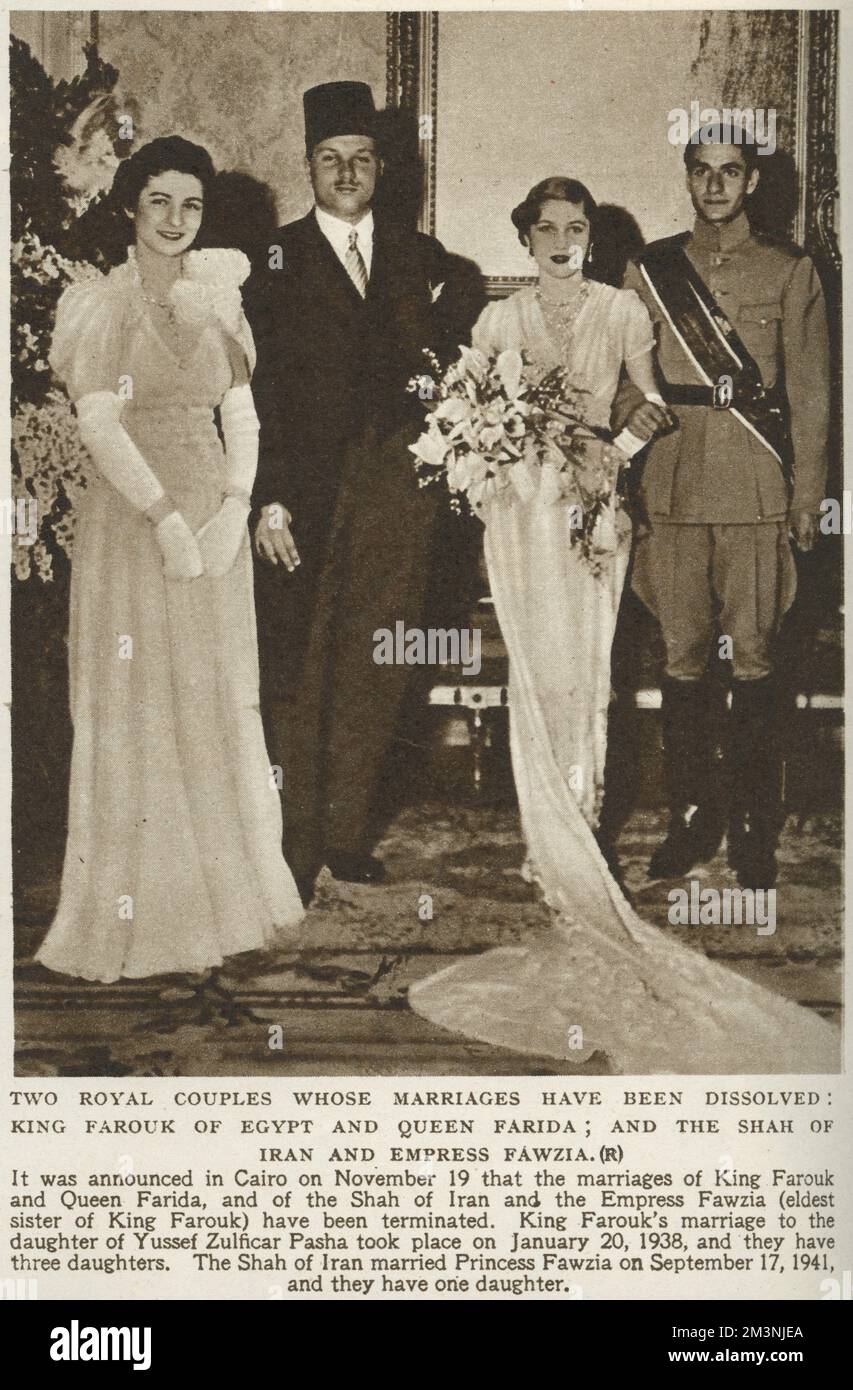 König Faruk von Ägypten (1920-1965) hier mit seiner Frau Königin Farida (1921-1988) und dem Schah des Iran und seiner Frau Kaiserin Fawzia (älteste Schwester von König Faruk). Am 19.. November 1937 wurde bekannt gegeben, dass die Ehen beider Paare beendet wurden. 1948 Stockfoto