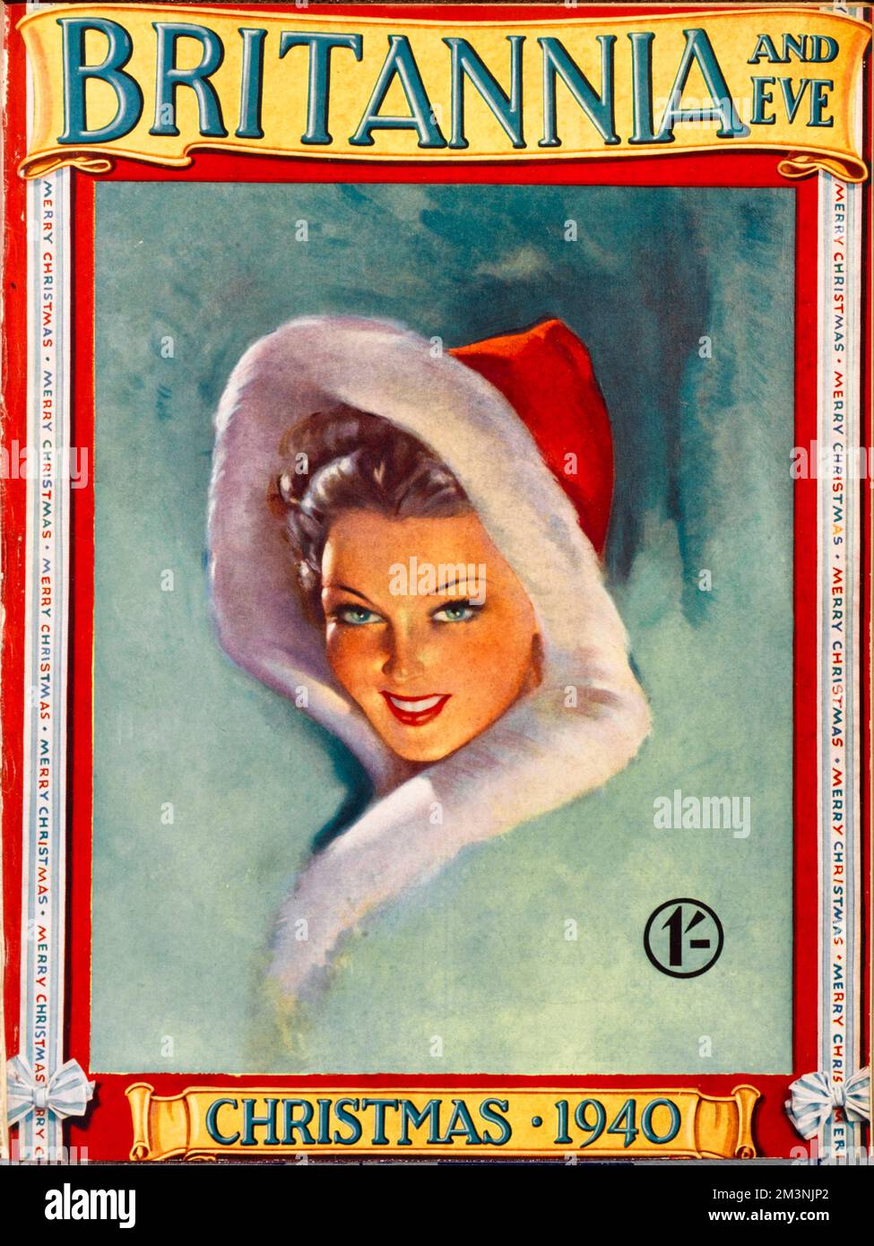 Abbildung auf der Titelseite mit einer wunderschönen 1940er-cm-Frau, die in einen Weihnachtsmannmantel eingewickelt ist und ihr verführerisches Lächeln aus der Kapuze herausblickt. Datum: 1940 Stockfoto