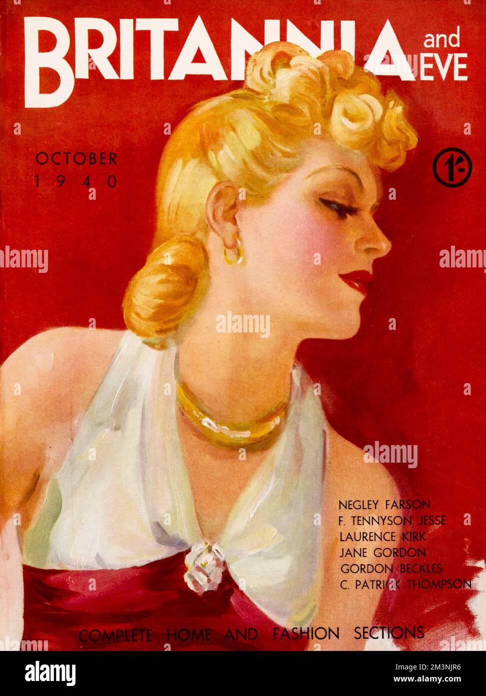 Abbildung auf der Vorderseite mit einer blonden Schönheit aus dem Jahr 1940er, mit einem rot-weißen Oberteil mit Halsausschnitt, goldenen Ohrringen und einer Halskette. Datum: 1940 Stockfoto