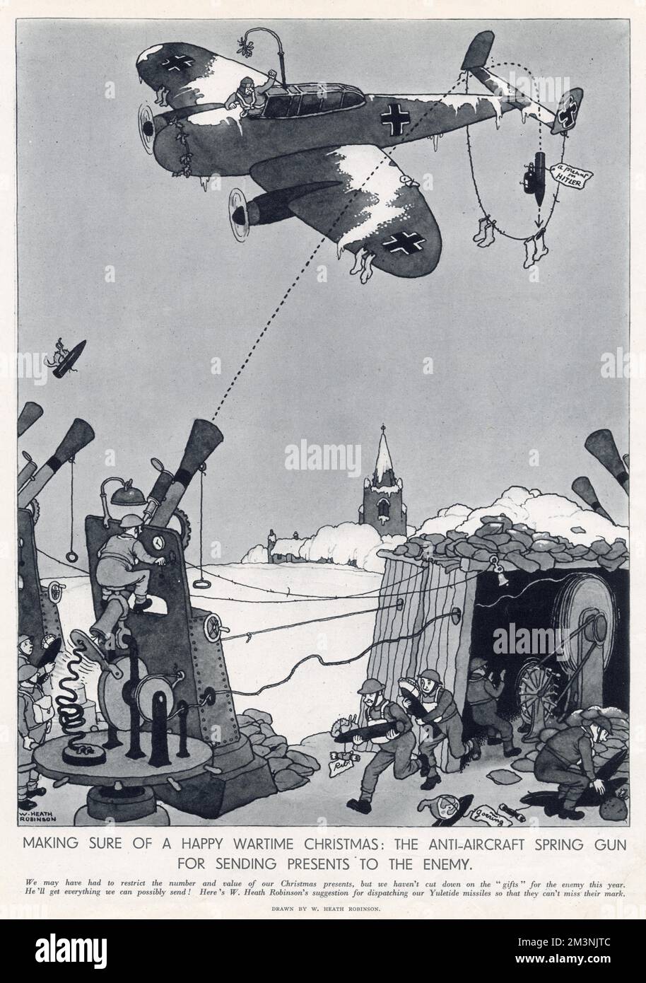 Ein Vorschlag von William Heath Robinson, Geschenke an den Feind zu Weihnachten zu schicken. Stockfoto