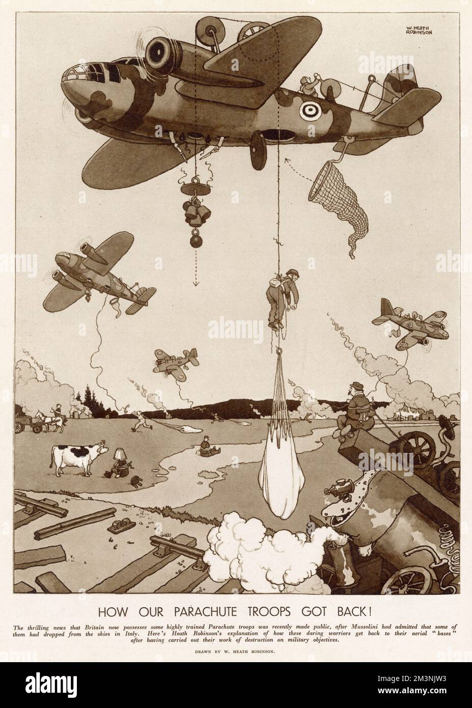 Britische Soldaten sind mit dem Fallschirm in Italien gelandet. Hier ist eine Illustration von William Heath Robinson, die zeigt, wie sie zurückgekehrt sind! Stockfoto