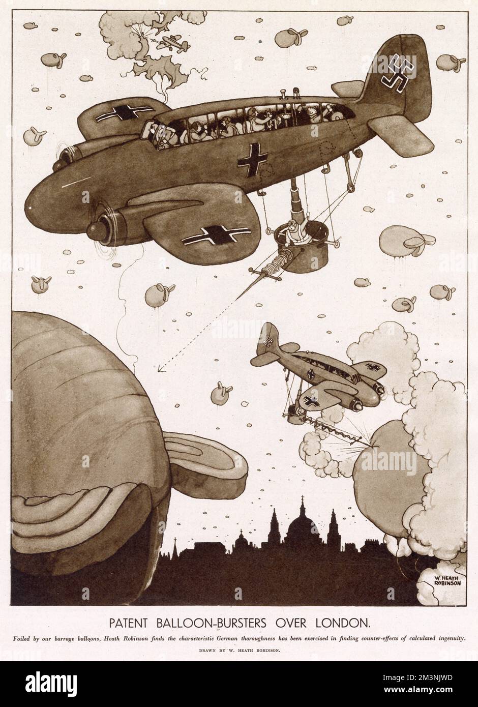 Deutsche Nazi-Flugzeuge über London versuchen, die großen Sperrballons zu entleeren, die dreimal so groß waren wie ein Cricketfeld. Stockfoto