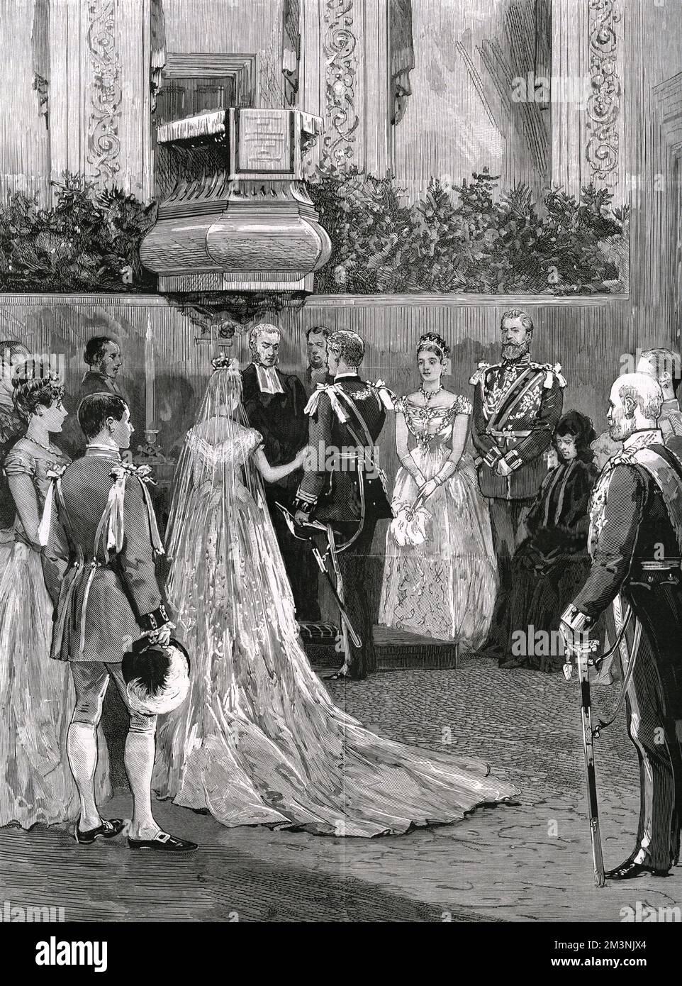 Die Hochzeitszeremonie von Prinzessin Irene von Hessen (1866-1953) mit Prinz Heinrich (Heinrich) von Preußen (1862-1929) am 24.. Mai 1888 im Schloss Charlottenburg, Berlin. Datum: 1888 Stockfoto