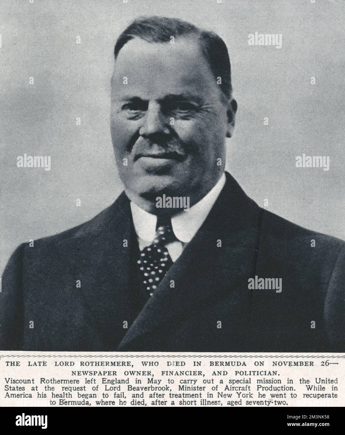 Der äußerst erfolgreiche Zeitungsbesitzer, Finanzier und Politiker, Harold Sidney Harmsworth, 1. Viscount Rothermere Datum: 1940 Stockfoto