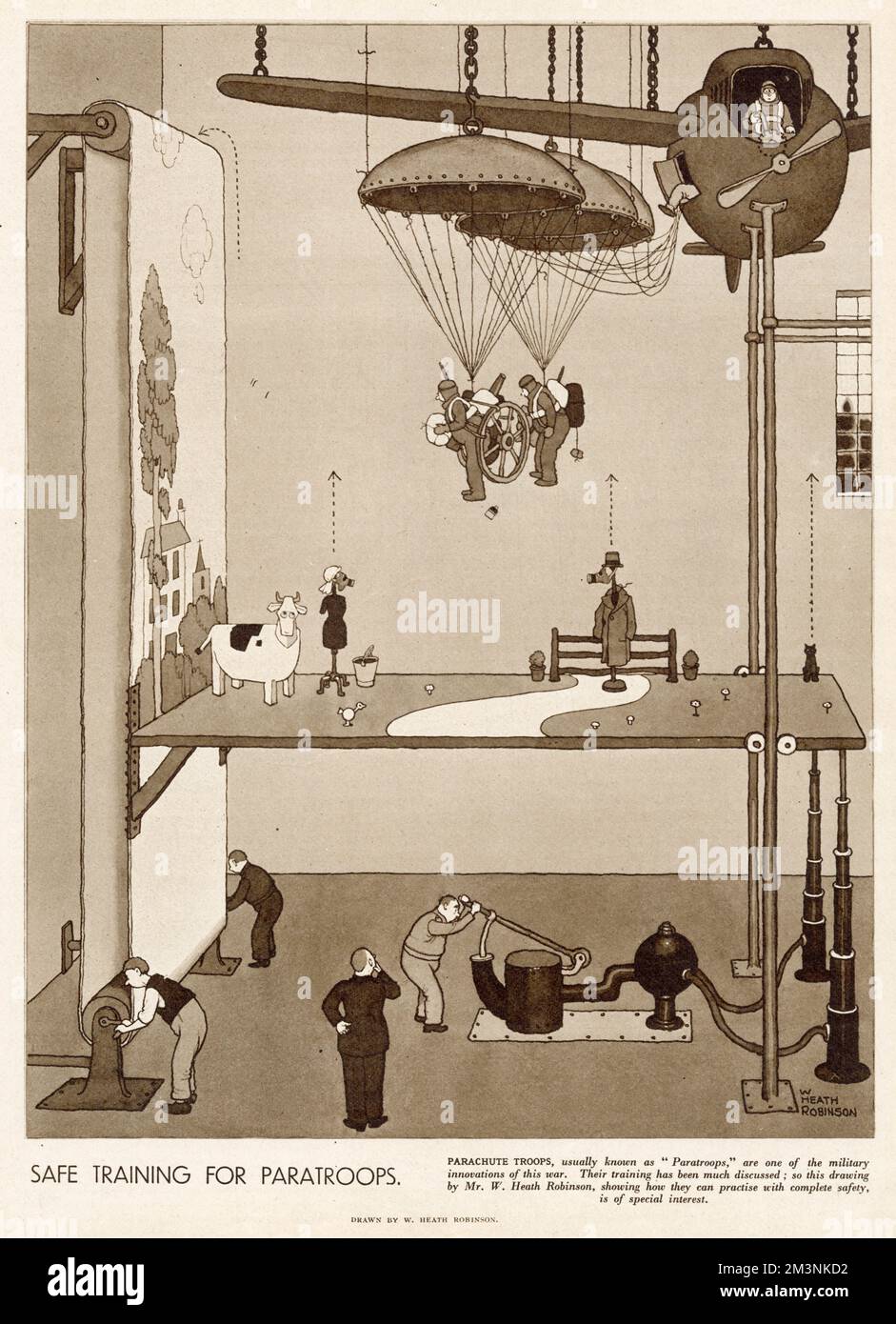 Zeichnung von William Heath Robinson zeigt, wie deutsche Fallschirmjäger für ihre Invasion trainieren. Stockfoto