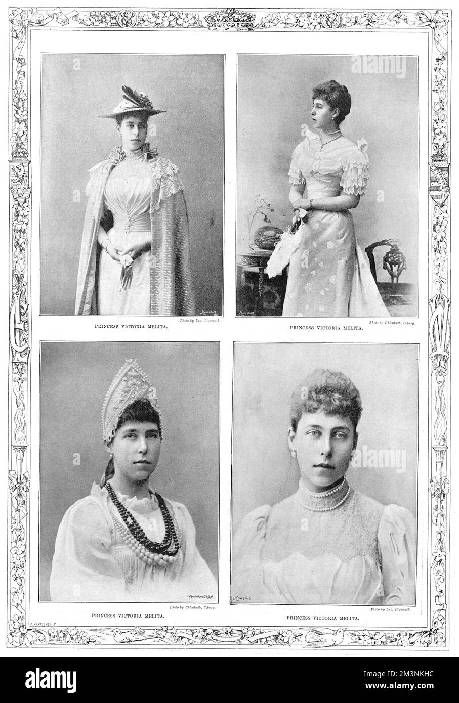 Vier Porträts von Victoria Melita aus Edinburgh zu Ehren ihrer jüngsten Hochzeit mit Großherzog Ernst Ludwig aus Hessen am 19.. April 1894. Prinzessin Victoria Melita war Tochter von Alfred, Herzog von Edinburgh und Enkelin von Königin Victoria sowie von Zar Nicholas II. Von Russland. Ihre Ehe mit ihrem väterlichen Cousin Ernst Ludwig endete 1901 in der Scheidung. Datum: 1894 Stockfoto