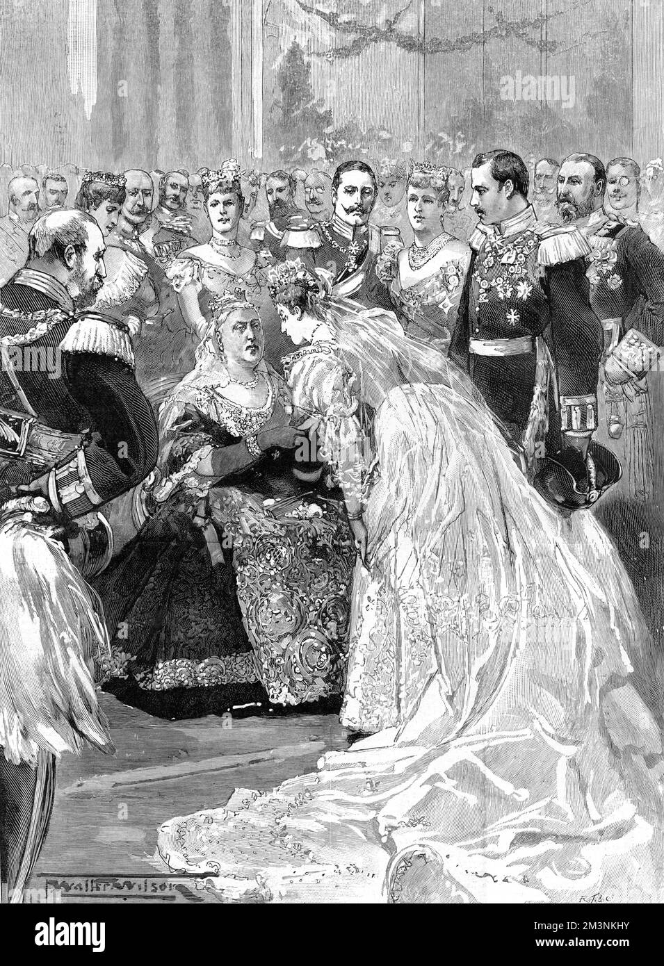 Die königliche Hochzeit von Prinzessin Victoria Melita von Edinburgh und Prinz Ernst Ludwig, Großherzog von Hessen. Königin Victoria umarmt die Braut nach der Hochzeitszeremonie. Datum: 1894 Stockfoto